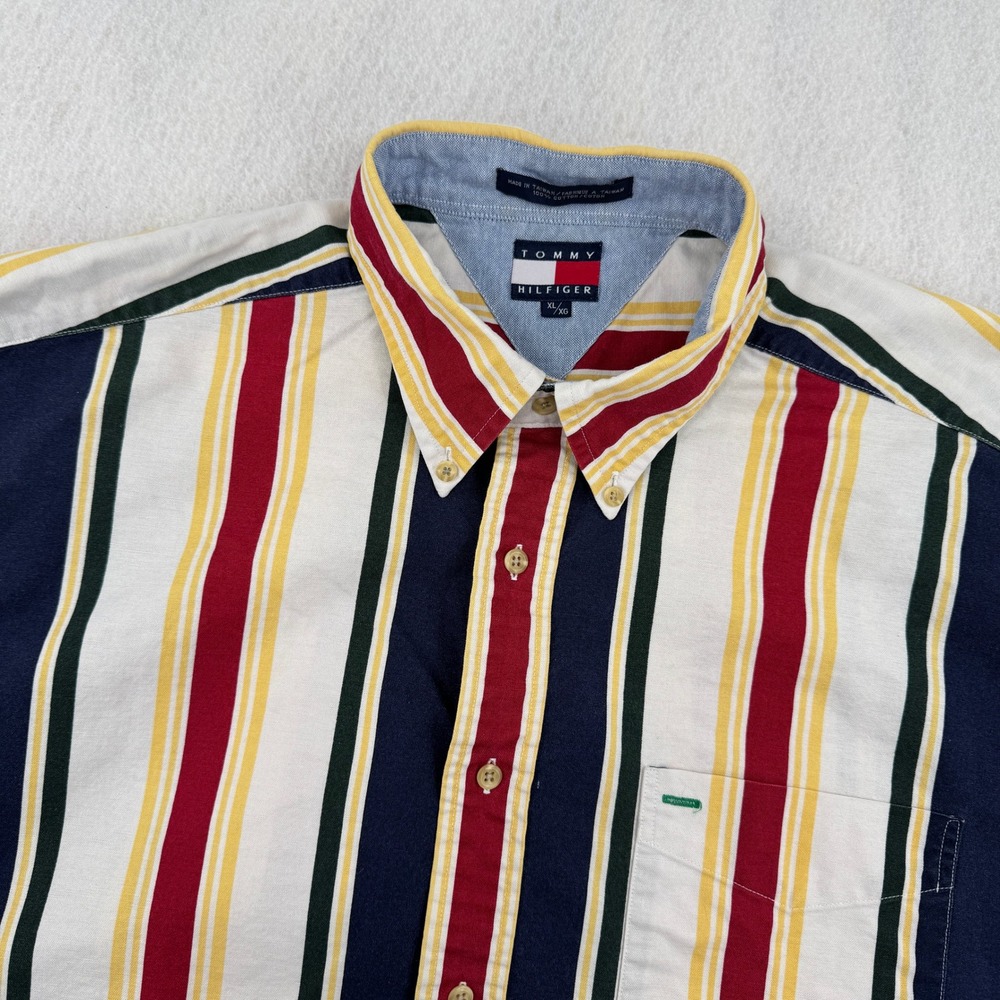Vintage Tommy Hilfiger Mens XL Short Sleeve Button Down Multicolor 90s Striped